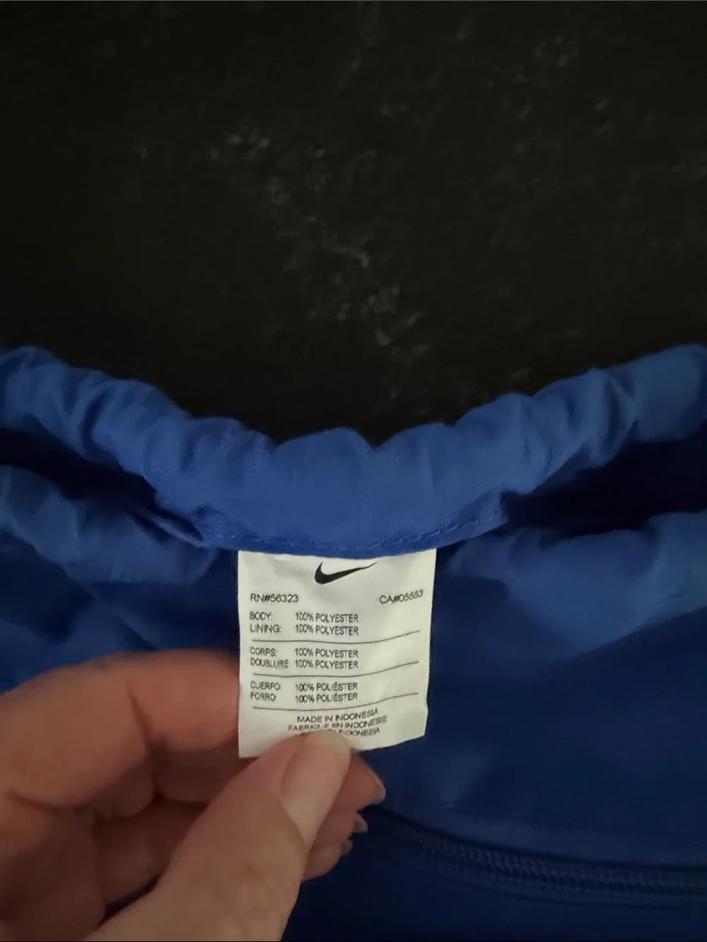 Nike Royal Blue Drawstring Backpack with White Swoosh and Black Base